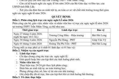 Quyết định phân công lịch trực cơ quan các ngày nghỉ lễ năm 2026