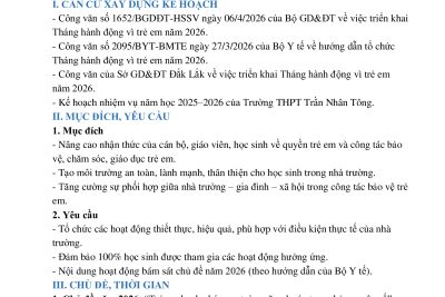 Kế hoạch tổ chức tháng hành động vì trẻ em năm 2026