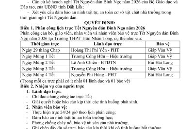 phân công lịch trực Tết Nguyên đán Bính Ngọ năm 2026